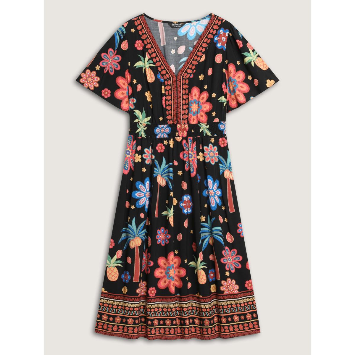 Plus Size Rayon Tropical Floral Shirred Waist Midi Dress Black Women V-neck Short sleeve Curvy BloomChic 28/5X Product Image