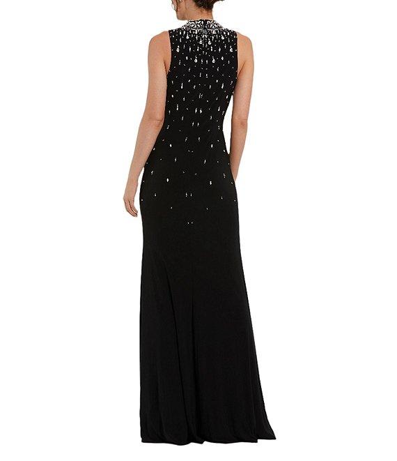Mac Duggal Mock Neck Beaded Trim Stretch Jersey Column Gown Product Image