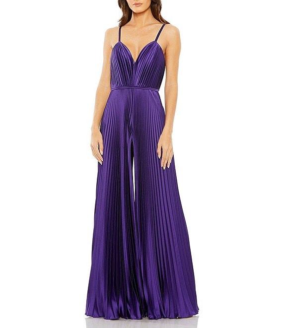 Mac Duggal Pleated Deep V-Neck Spaghetti Strap Sleeveless Wide Leg Jumpsuit Product Image
