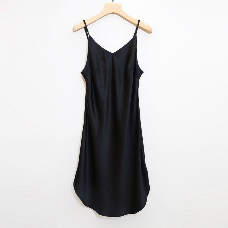 River Nymph | Black Pure Silk Slip Dress | Knee Length with Adjustable Straps | 22 Momme | Float Collection Product Image