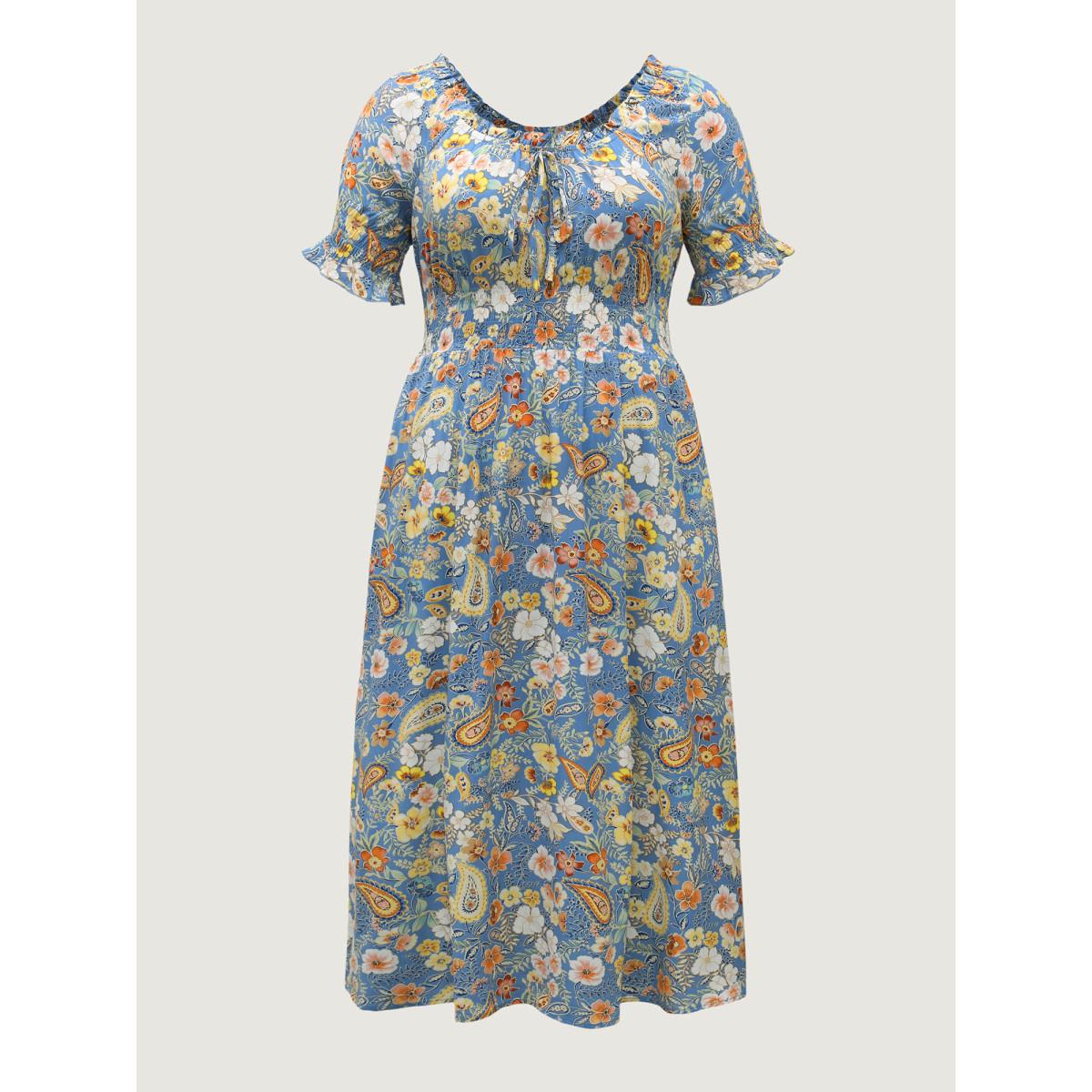 Plus Size Rayon Paisley Ruffled Shirred Waist Midi Dress Skyblue Women Boho Square Neck Short sleeve Curvy BloomChic 22-24/3X Product Image