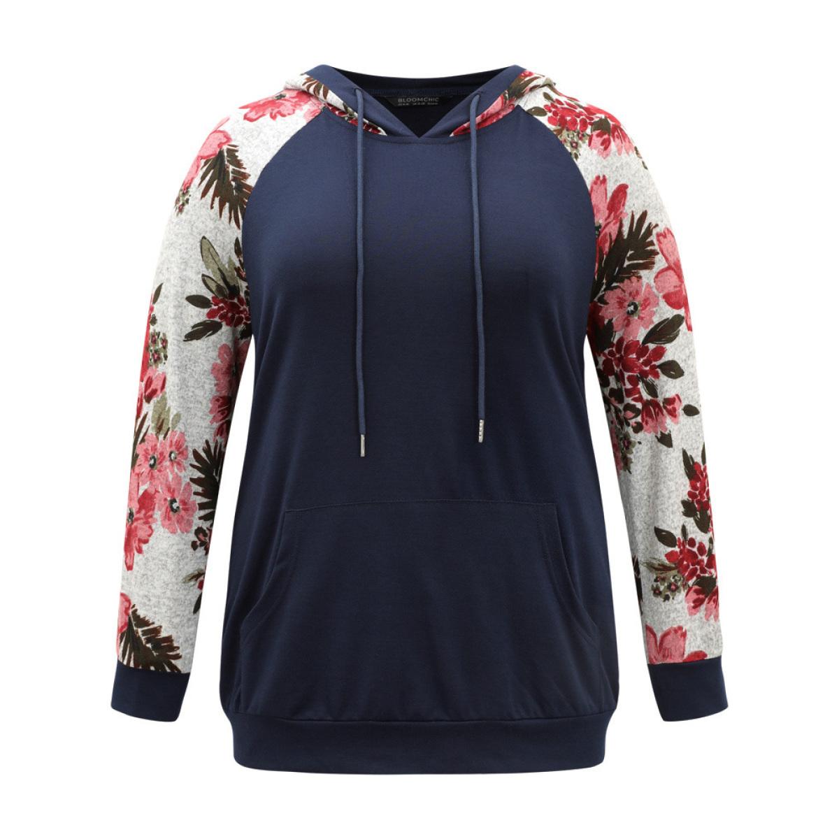 Plus Size Floral Patchwork Raglan Sleeve Kangaroo Pocket Sweatshirt Women Indigo Casual Printed Hooded Dailywear Sweatshirts BloomChic 14-16/1X Product Image
