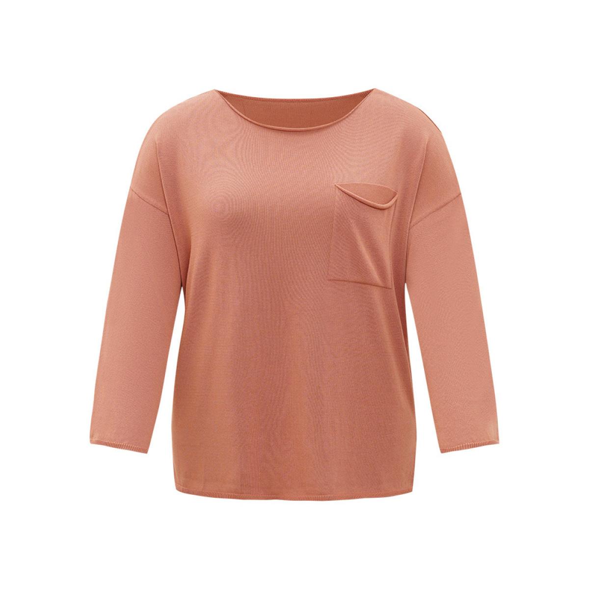 Plus Size Solid Patched Pocket Split Side Pullover OrangeRed Women Casual Loose Long Sleeve Round Neck Everyday Pullovers BloomChic 28/5X Product Image