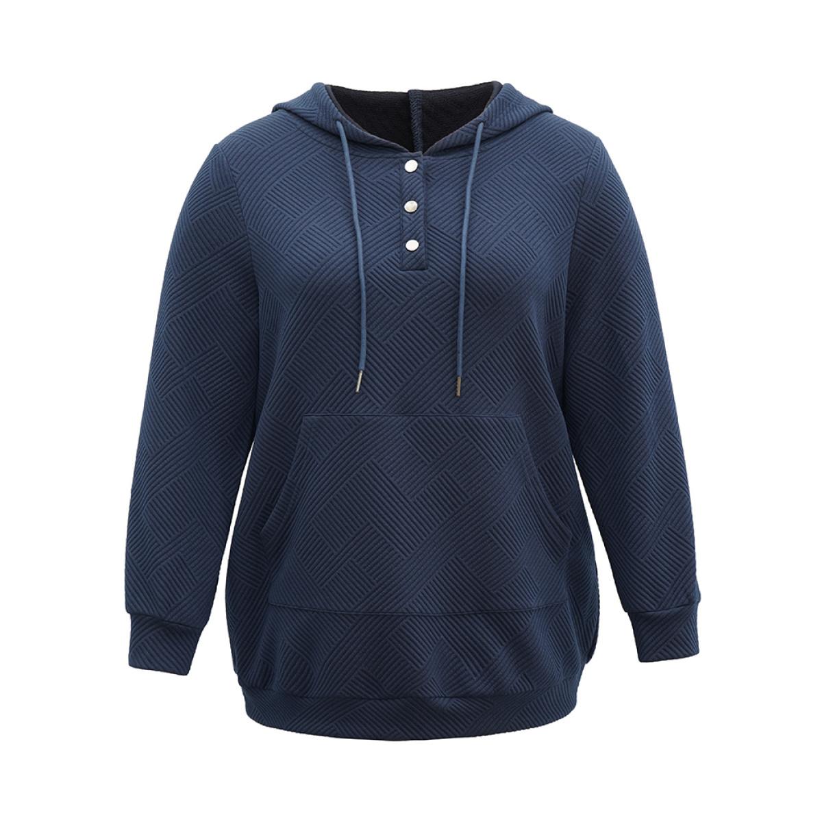 Plus Size Solid Textured Button Up Pocket Hooded Drawstring Sweatshirt Women Indigo Casual Texture Hooded Dailywear Sweatshirts BloomChic 10/M Product Image