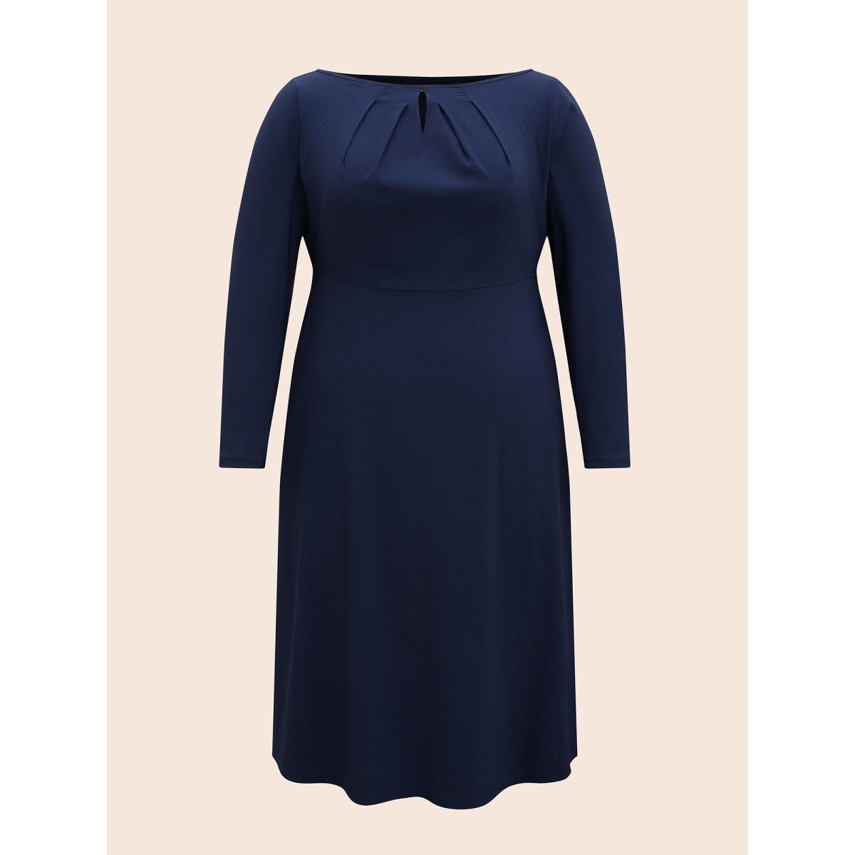 Plus Size Plain Keyhole Pleated Shirred Dress Indigo Women Workwear Essentials Pleated Boat Neck Long Sleeve Curvy BloomChic 30/6X Product Image