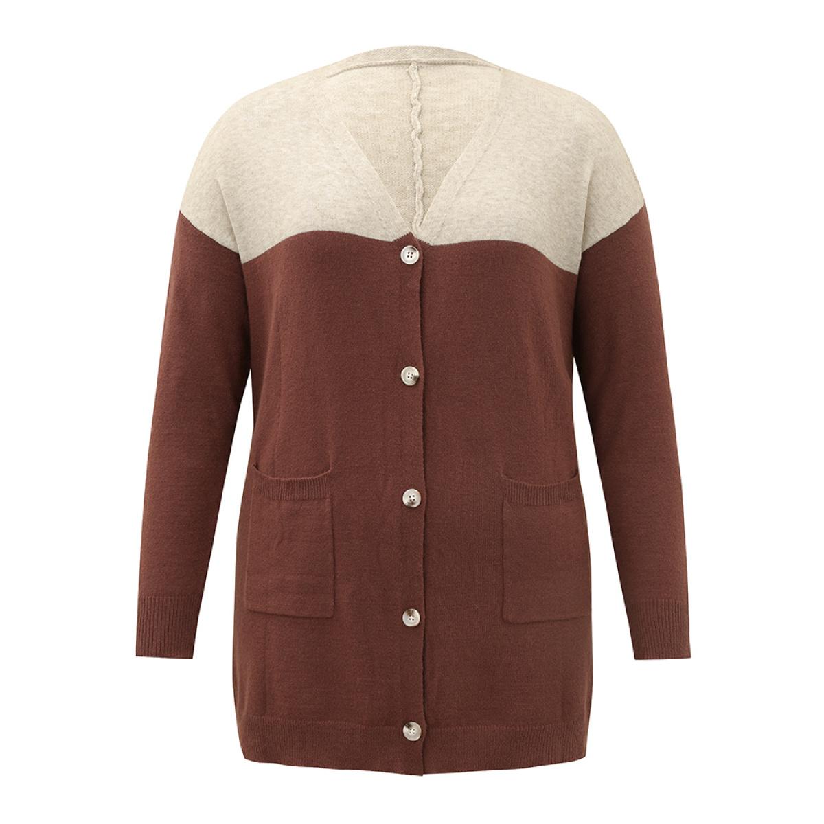 Plus Size Supersoft Essentials Anti-Pilling Contrast Button Up Pullover Brown Women Casual Loose Long Sleeve Dailywear Cardigans BloomChic 18-20/2X Product Image