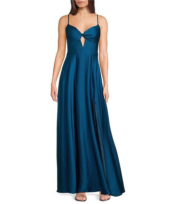 B. Darlin V-Neck Spaghetti Strap Front Keyhole Lace Up Back A-Line Dress Product Image