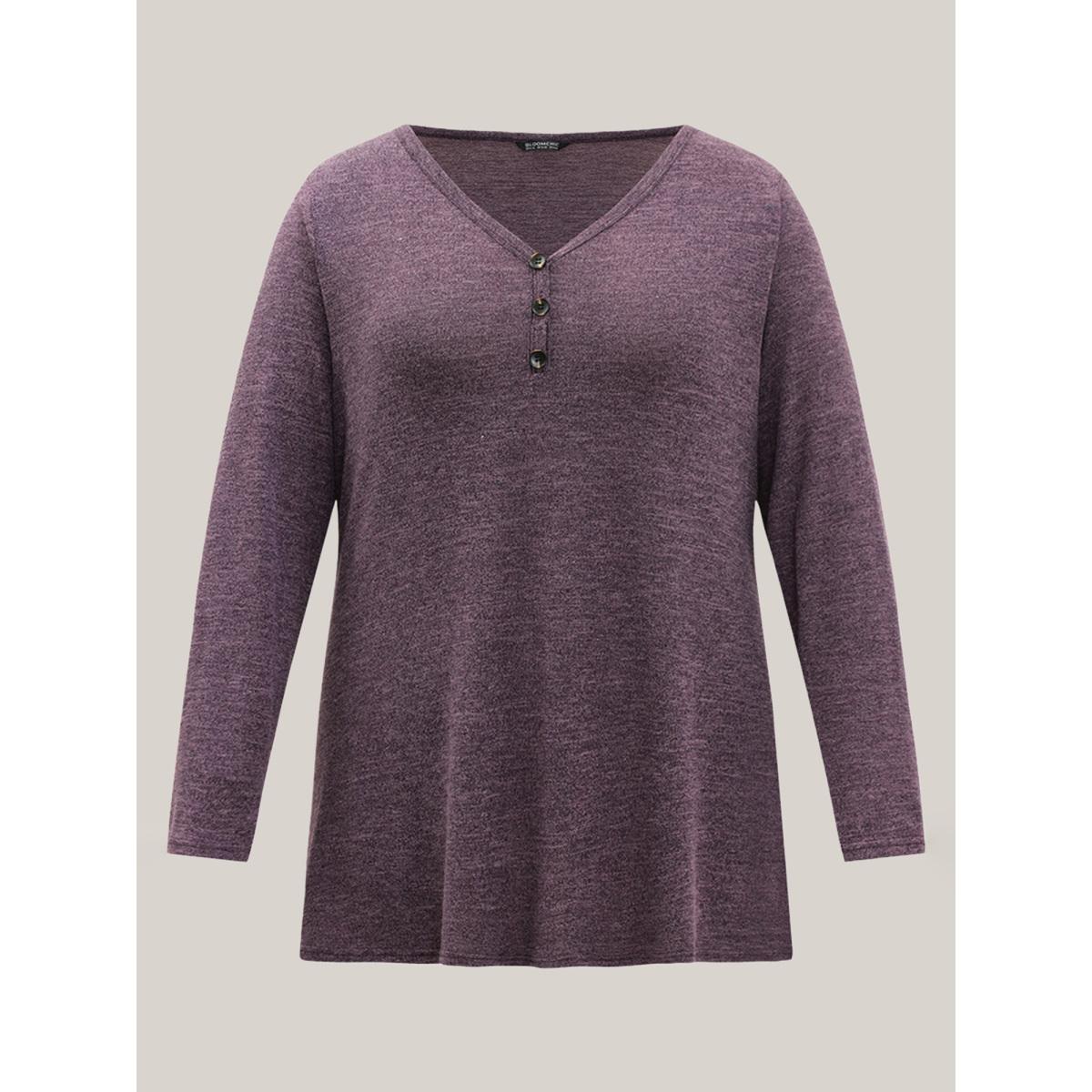 Plus Size Heather Button Up Long Sleeve T-shirt Purple Women Casual Heather Plain Everyday T-shirts BloomChic 30/6X Product Image