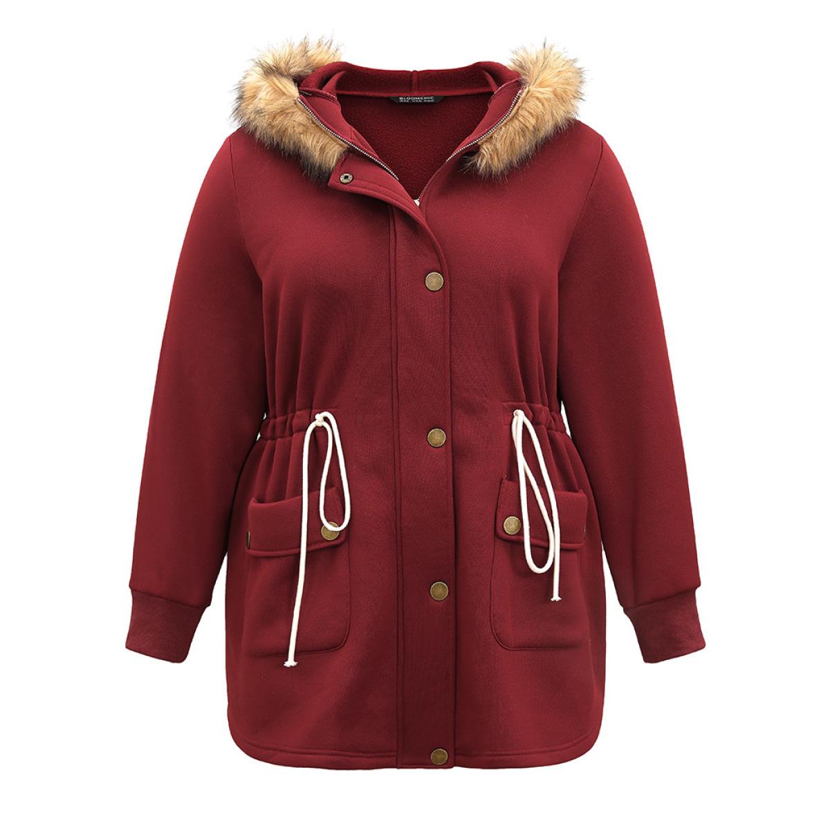 Plus Size Plian Drawstring Zipper Fuzzy Trim Hooded Coat Women Scarlet Casual Contrast Ladies Dailywear Winter Coats BloomChic 30/6X Product Image