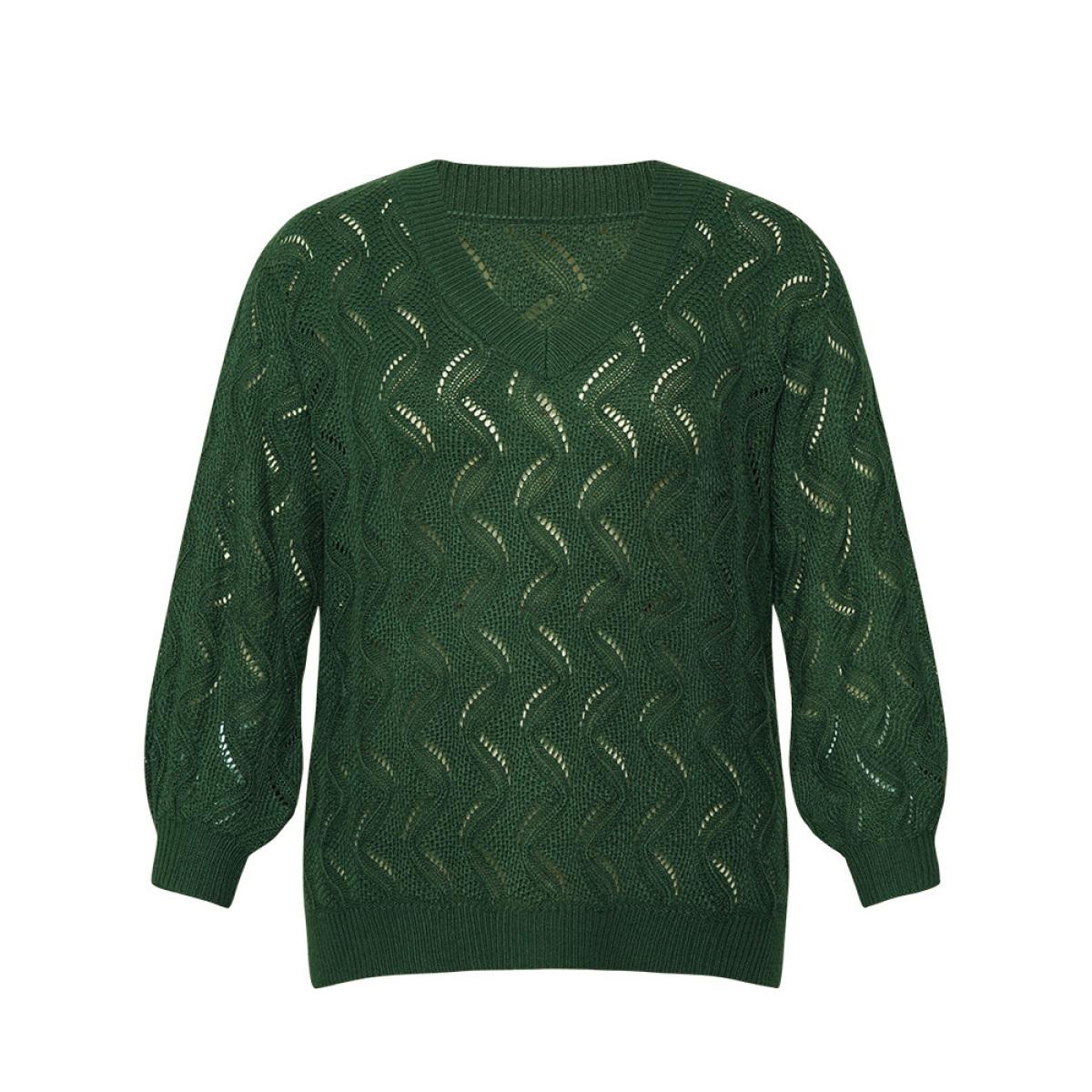 Plus Size Plain Hollow Out V Neck Pullover DarkGreen Women Casual Loose Long Sleeve V-neck Everyday Pullovers BloomChic 26/4X Product Image