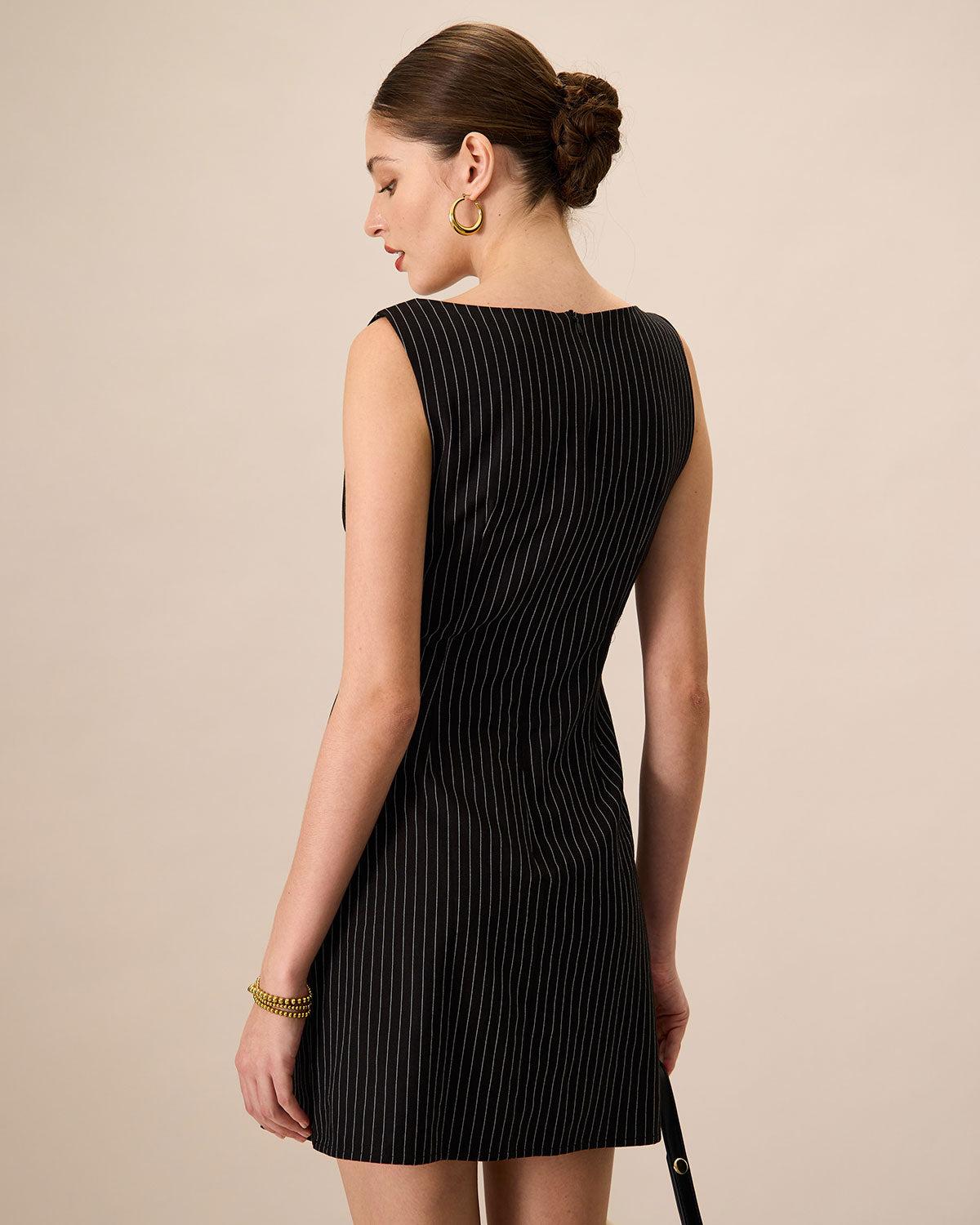 Women's Black Boat Neck Striped Mini Dress Female Product Image