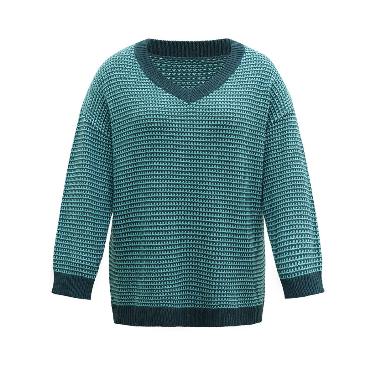 Plus Size Solid Plisse V Neck Split Side Pullover Emerald Women Casual Loose Long Sleeve V-neck Dailywear Pullovers BloomChic 12/L Product Image