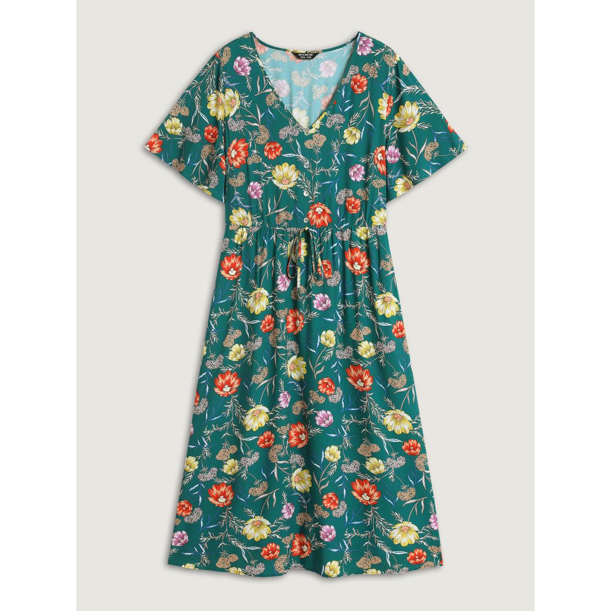 Plus Size Floral Print Stretchy-Waist Split Midi Dress DarkGreen Women Overlap Collar Short sleeve Curvy BloomChic 26/4X Product Image