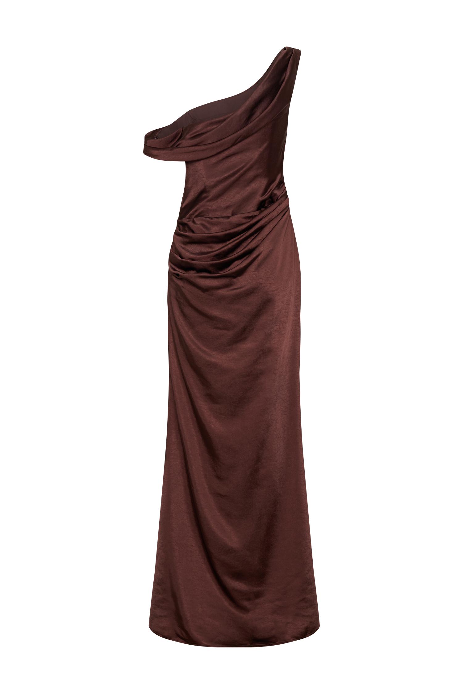 Dalia Off Shoulder Satin Maxi Dress - Dark Chocolate Product Image