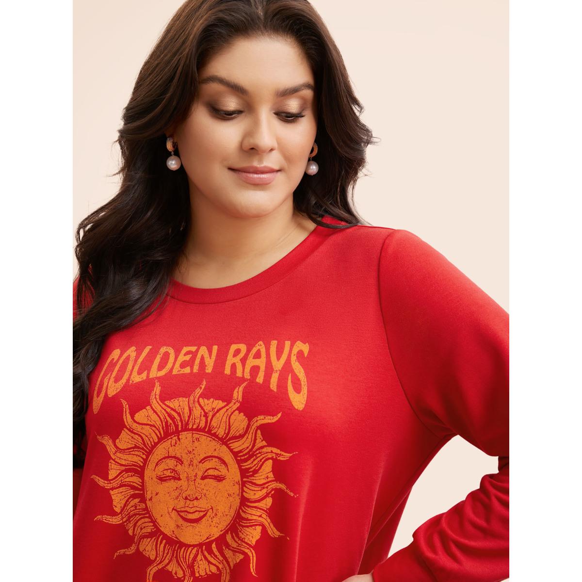 Plus Size Sun Print Round Neck Sweatshirt Women Brightred Elegant Non Round Neck Everyday Sweatshirts BloomChic 12/L Product Image