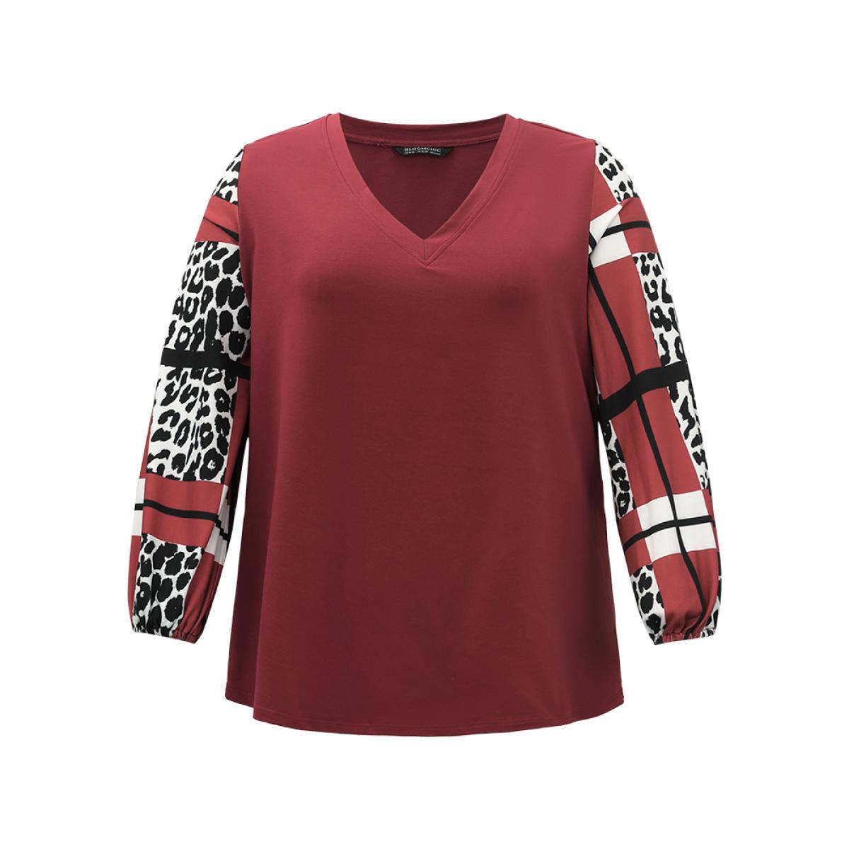 Plus Size Leopard Colorblock Contrast V Neck Lantern Sleeve Sweatshirt Women Scarlet Casual Elastic cuffs V-neck Dailywear Sweatshirts BloomChic 14-16/1X Product Image