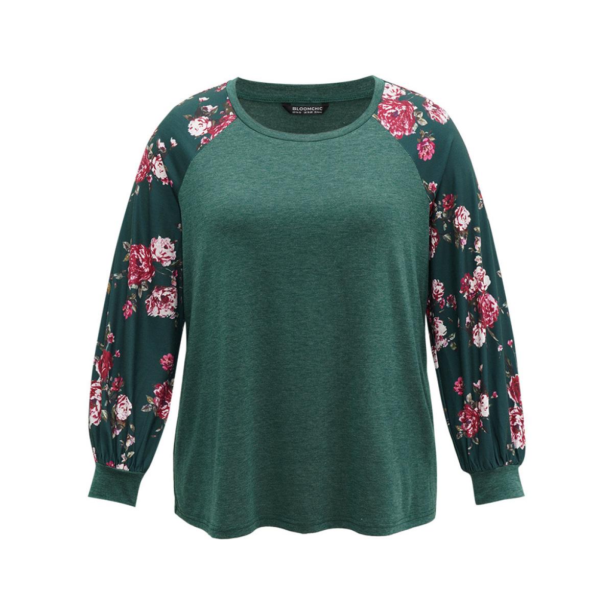Plus Size Floral Patchwork Crew Neck Raglan Sleeve T-shirt DarkGreen Women Leisure Printed Floral Round Neck Casual T-shirts BloomChic 10/M Product Image