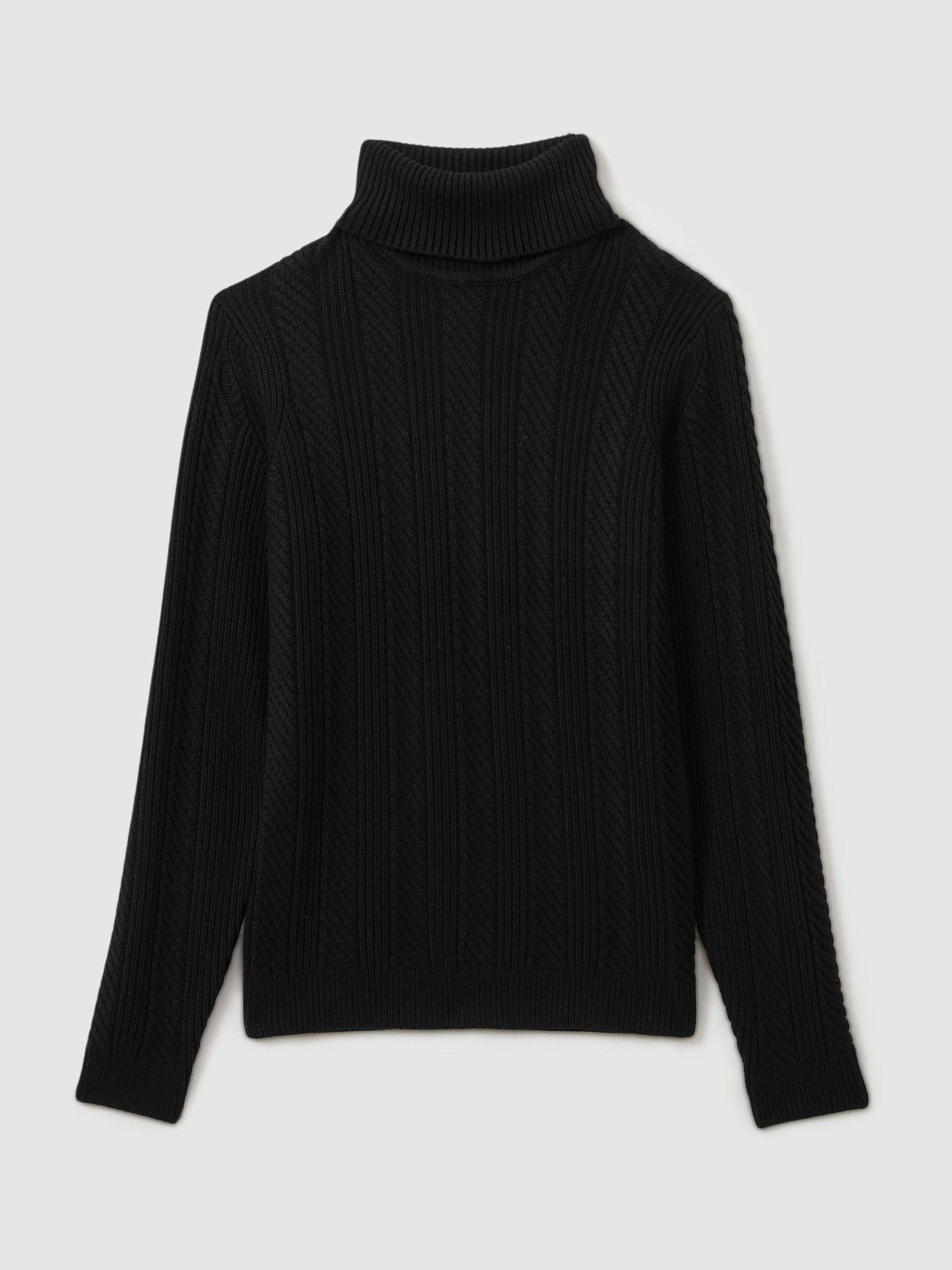 Cabled Roll-Neck Jumper with Cotton and Wool in Black Product Image