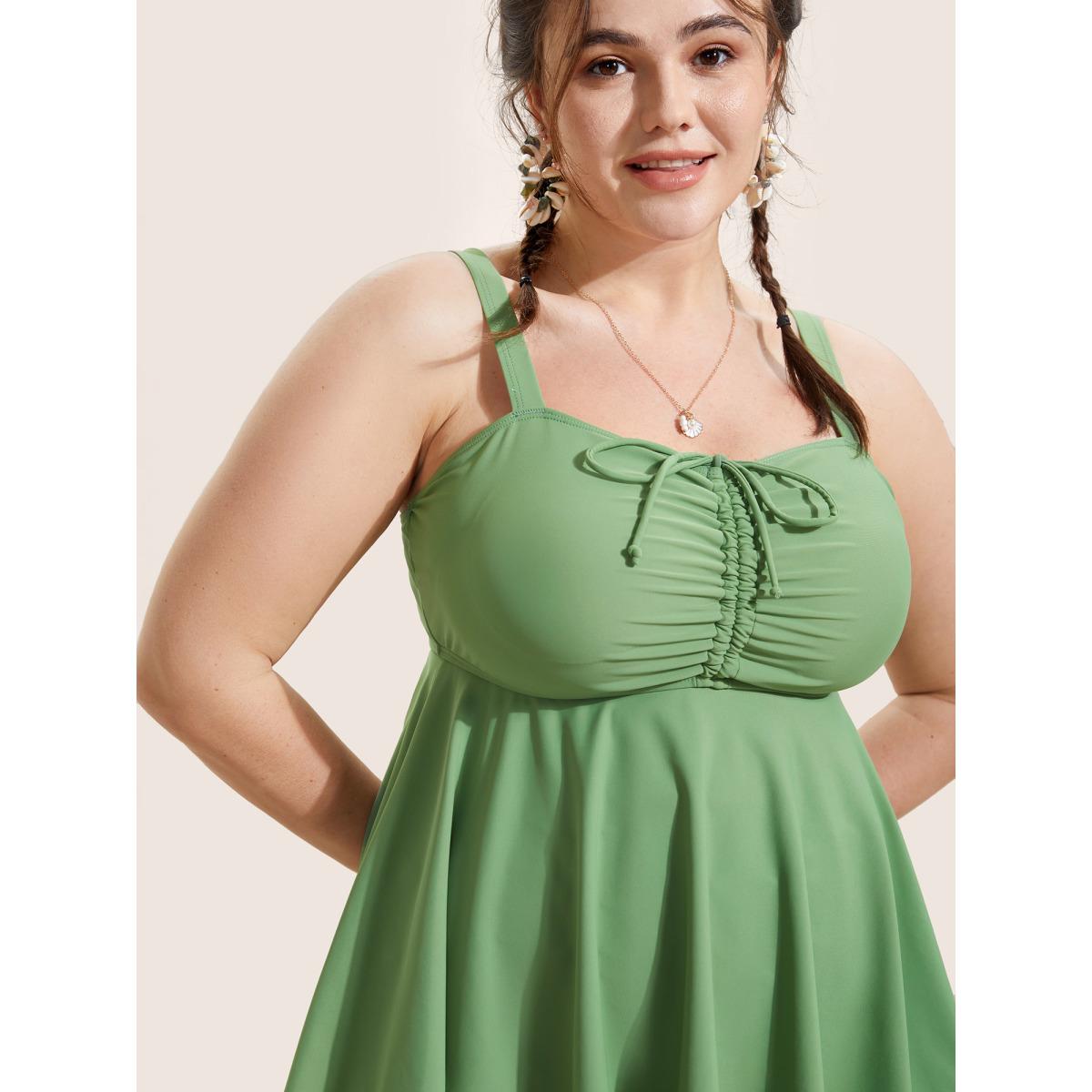 Plus Size Plain Drawstring Ruched Adjustable Straps Swim Top Women's Swimwear Moss Beach Drawstring High stretch Bodycon Heart neckline Curve Swim Tops BloomChic 22-24/3X Product Image