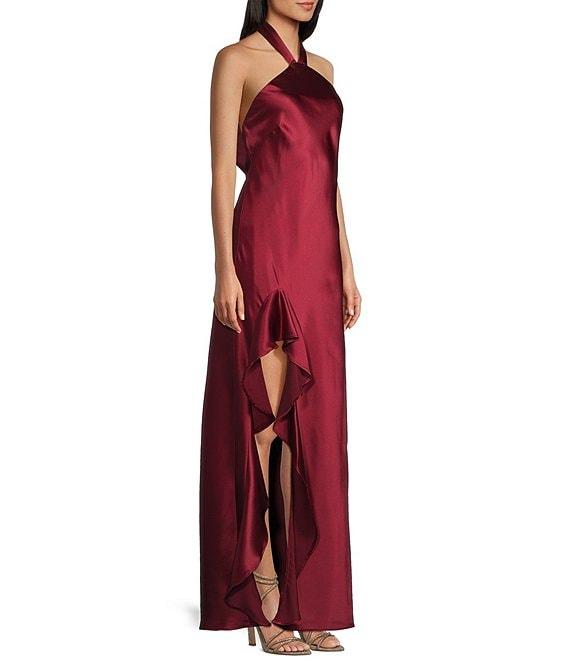 Morgan & Co. Satin Y-Neck Halter Ruffle Dress Product Image