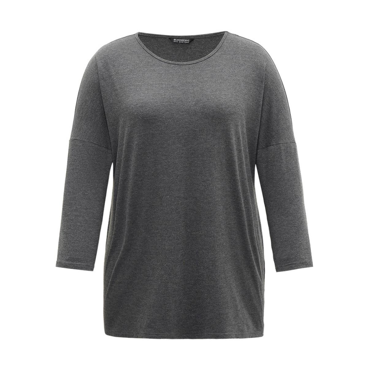 Plus Size Supersoft Essentials Solid Drop Shoulder T-shirt DimGray Women Elegant Plain Plain Round Neck Dailywear T-shirts BloomChic 10/M Product Image