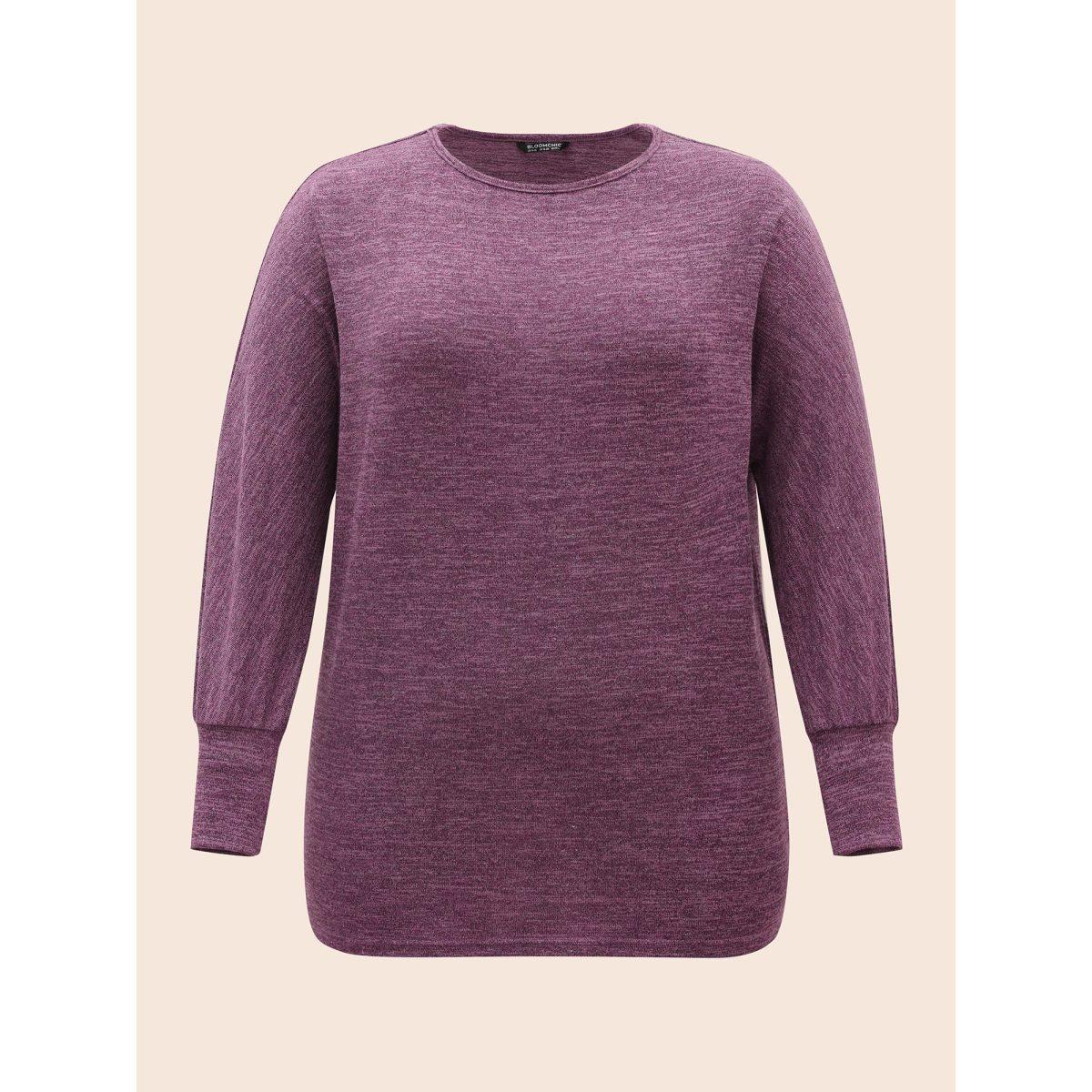 Plus Size Plain Heather Elastic cuffs Dolman Sleeve T-shirt Purple Women Casual Elastic cuffs Plain Round Neck Everyday T-shirts BloomChic 10/M Product Image