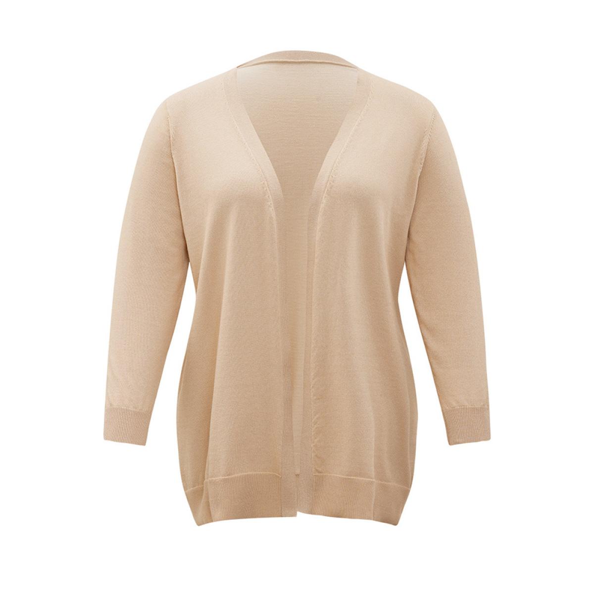 Plus Size Solid Elastic Cuffs Open Front Cardigan Champagne Women Casual Loose Long Sleeve Everyday Cardigans BloomChic 10/M Product Image