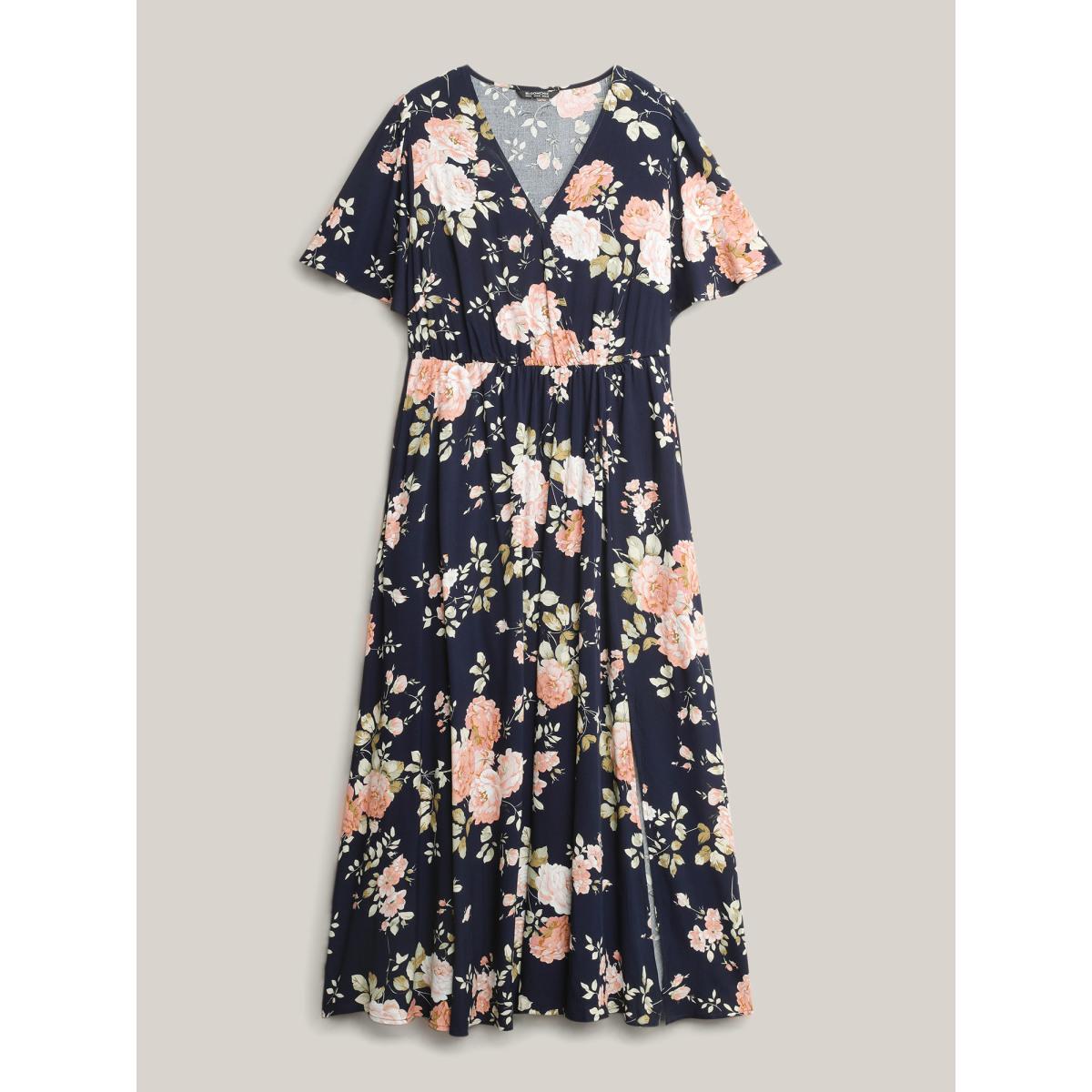 Plus Size Bloom Dress - Flutter Sleeve Ditsy Floral Pocket Split Maxi Dress LightGreen Women Romantic Slit V-neck Half Sleeve Curvy Long Dress BloomChic 10/M Product Image