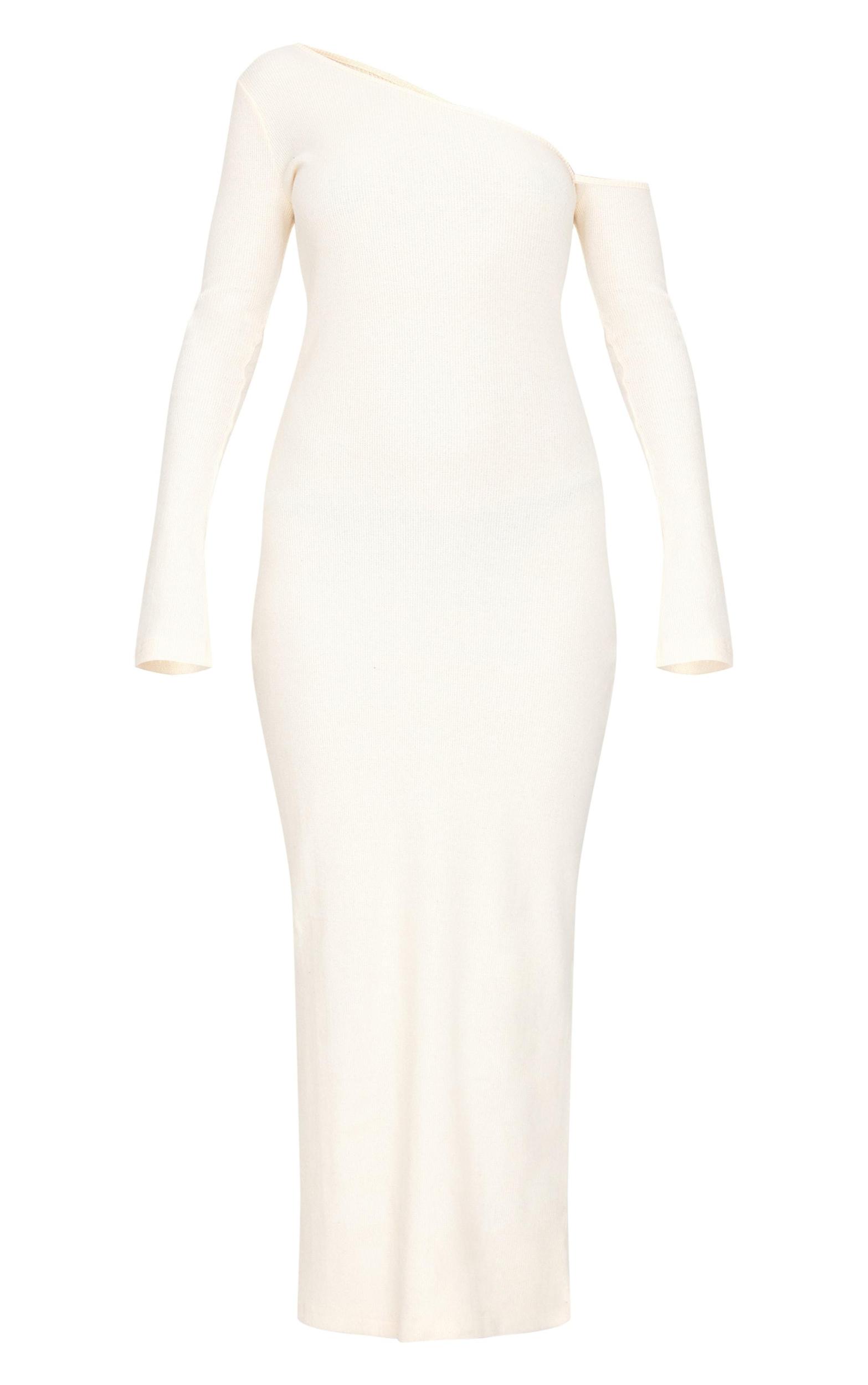 Cream Heavy Brushed Asymmetric Ruched Maxi Dress Product Image