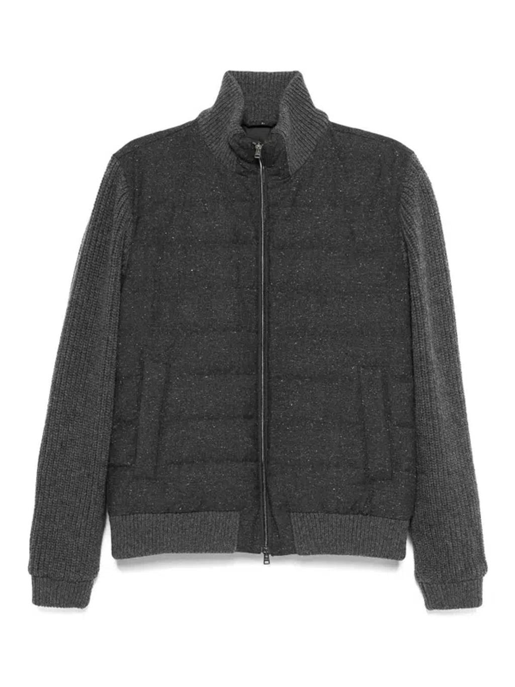 HERNO Padded Bomber Jacket With Knitted Sleeves In Gray Product Image