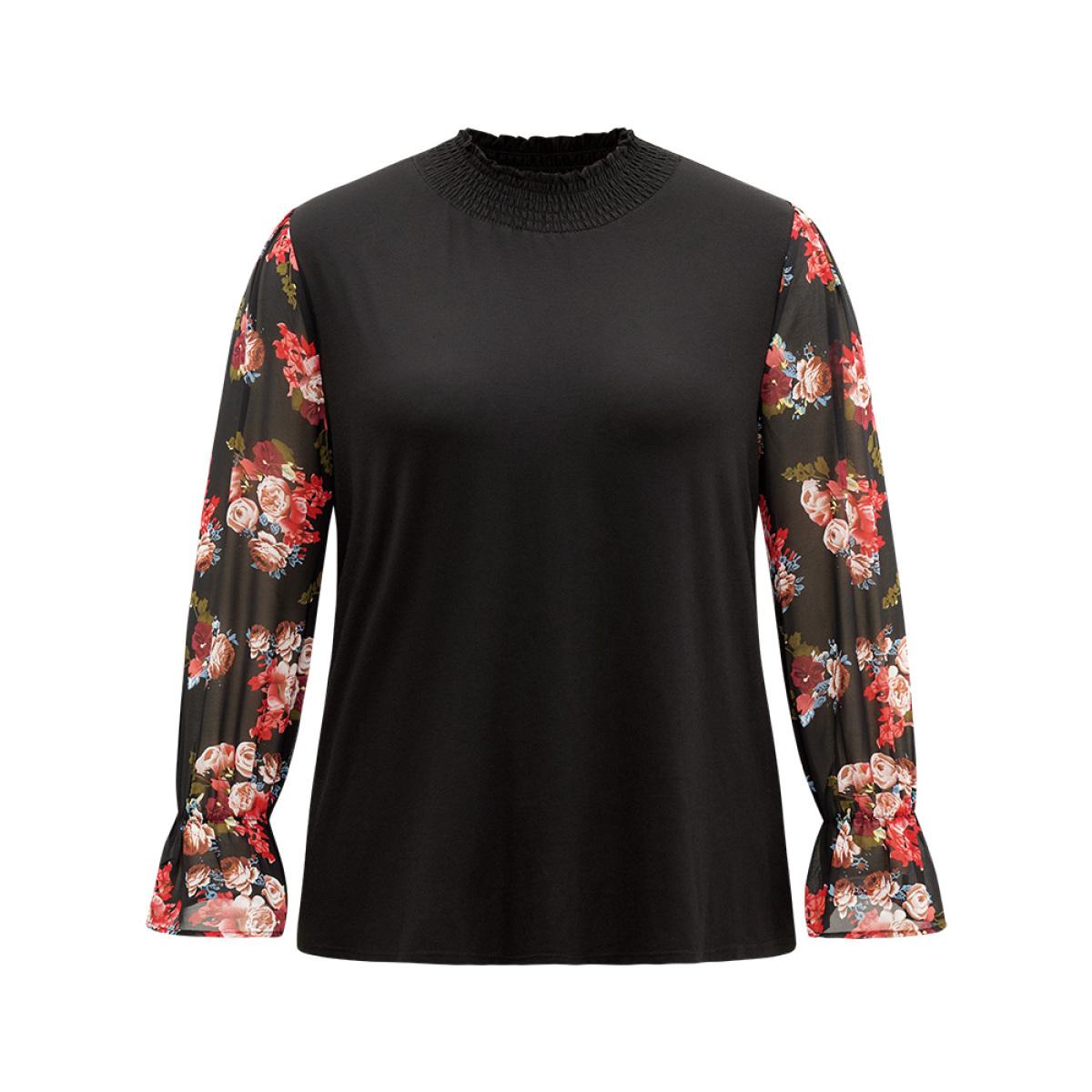 Plus Size Chiffon Floral Patchwork Shirred Mock Neck T-shirt Black Women Casual Elastic cuffs Floral Mock Neck Dailywear T-shirts BloomChic 10/M Product Image