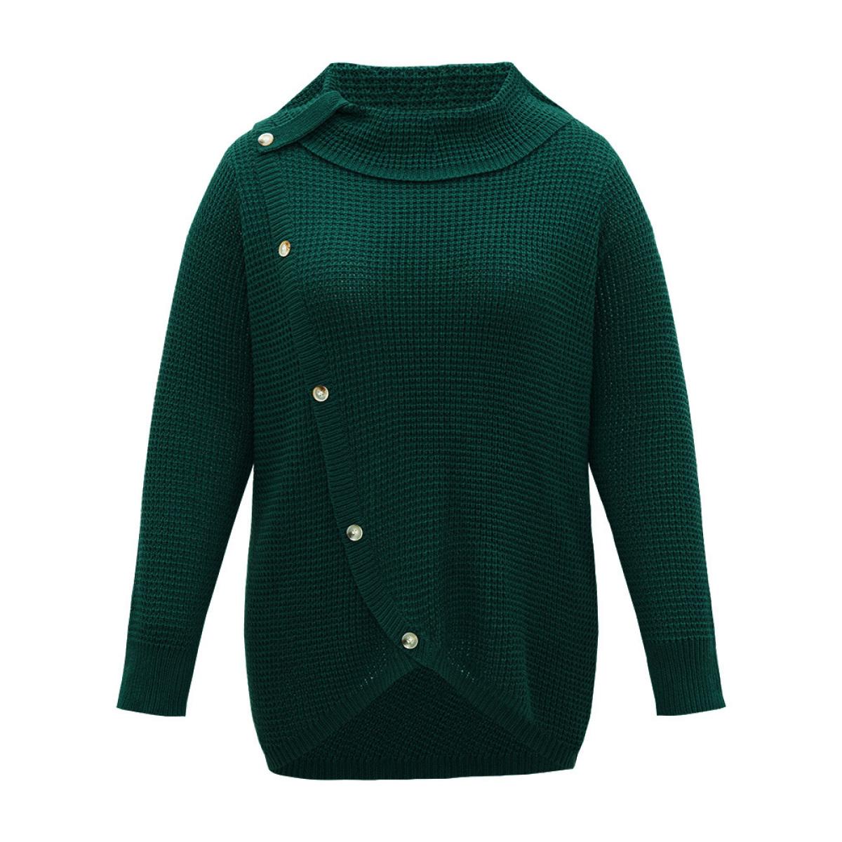 Plus Size Supersoft Essentials Anti-Pilling Button Detail Pullover DarkGreen Women Casual Loose Long Sleeve Lapel Collar Everyday Pullovers BloomChic 26/4X Product Image
