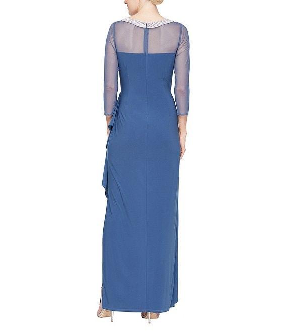 Alex Evenings Illusion Mesh 3/4 Sleeve Round Neck Side Slit Ruched Gown Product Image