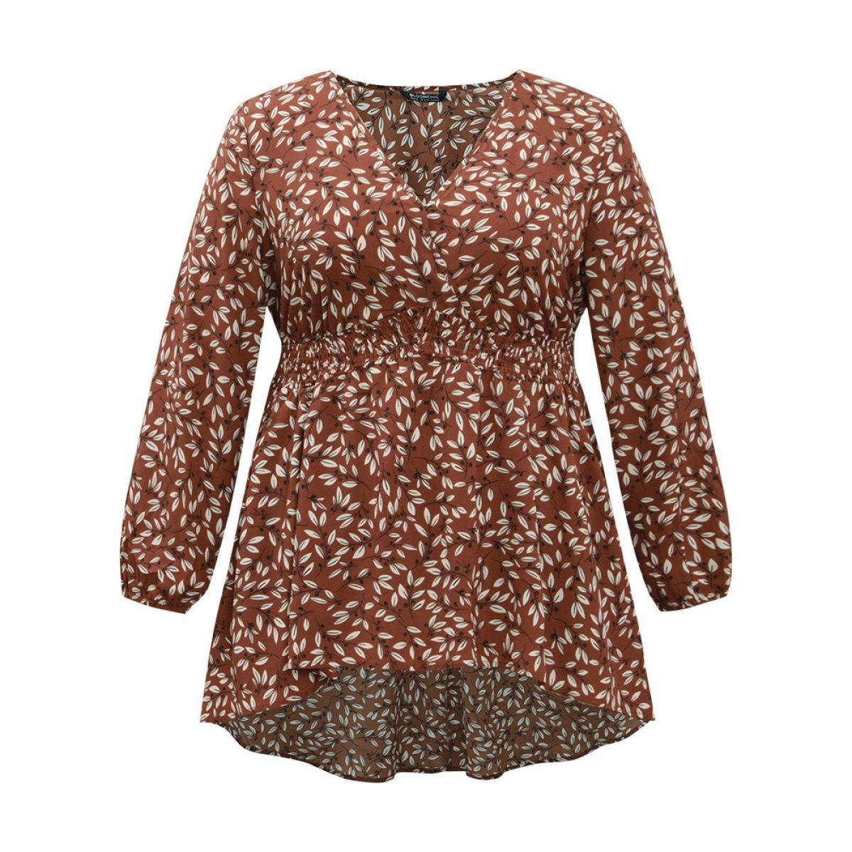 Plus Size Russet Ditsy Floral Shirred Elastic Waist High Low Hem Blouse Women Elegant Long Sleeve V-neck Everyday Blouses BloomChic 28/5X Product Image