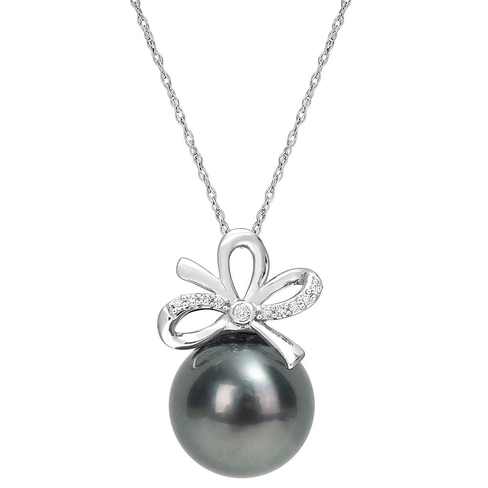Stella Grace 14k White Gold Tahitian Cultured Pearl & Diamond Accent Bow Pendant Necklace, Women's, Size: 17" Product Image