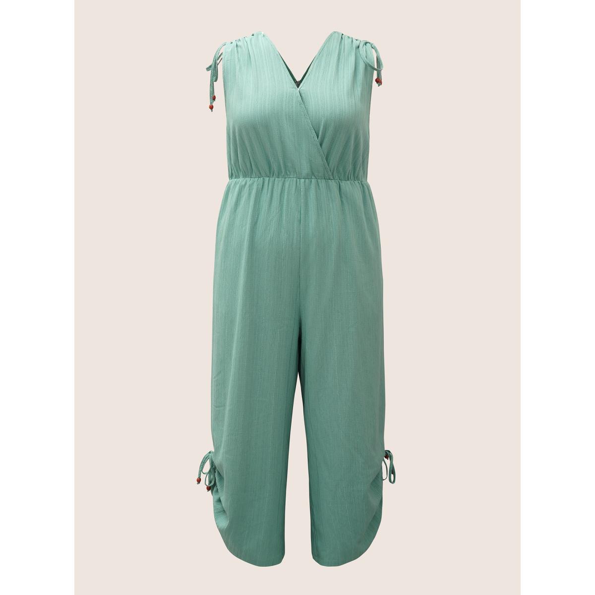 Plus Size Teal Plain Textured Surplice Neck Drawstring Jumpsuit Women Resort Sleeveless V-neck Vacation Loose Jumpsuits BloomChic 30/6X Product Image