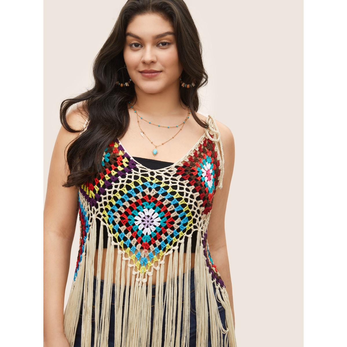 Plus Size Geometric Crochet Fringe Hem Swim Cover Up Women's Swimwear Apricot Beach Texture Curve Swim Cover Ups BloomChic 12/L Product Image