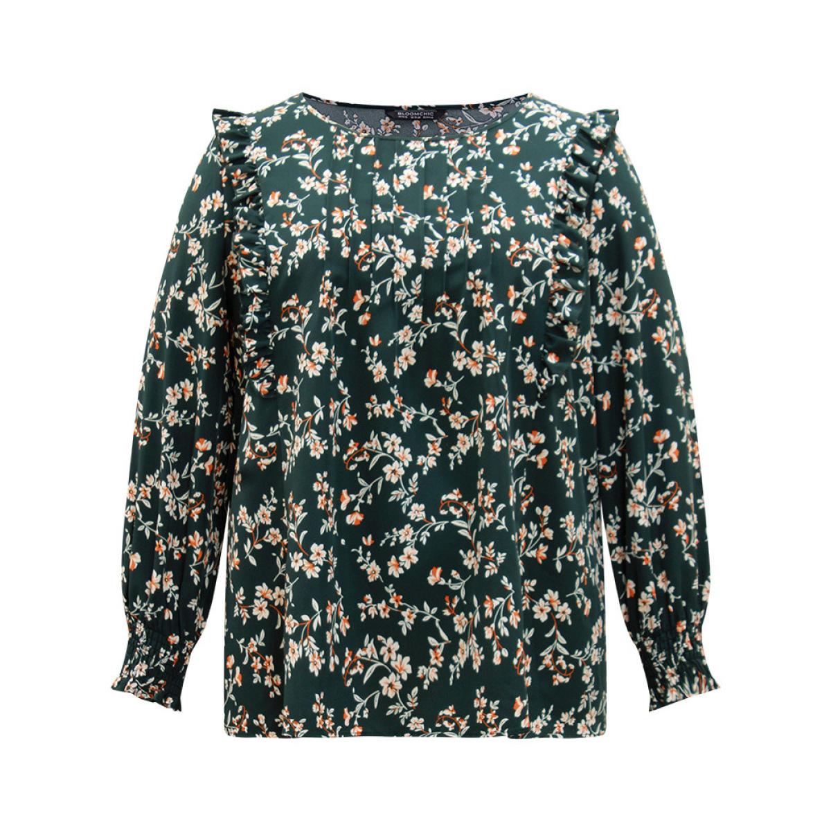 Plus Size DarkGreen Ditsy Floral Shirred Cuffs Frill Trim Blouse Women Elegant Long Sleeve Round Neck Dailywear Blouses BloomChic 26/4X Product Image