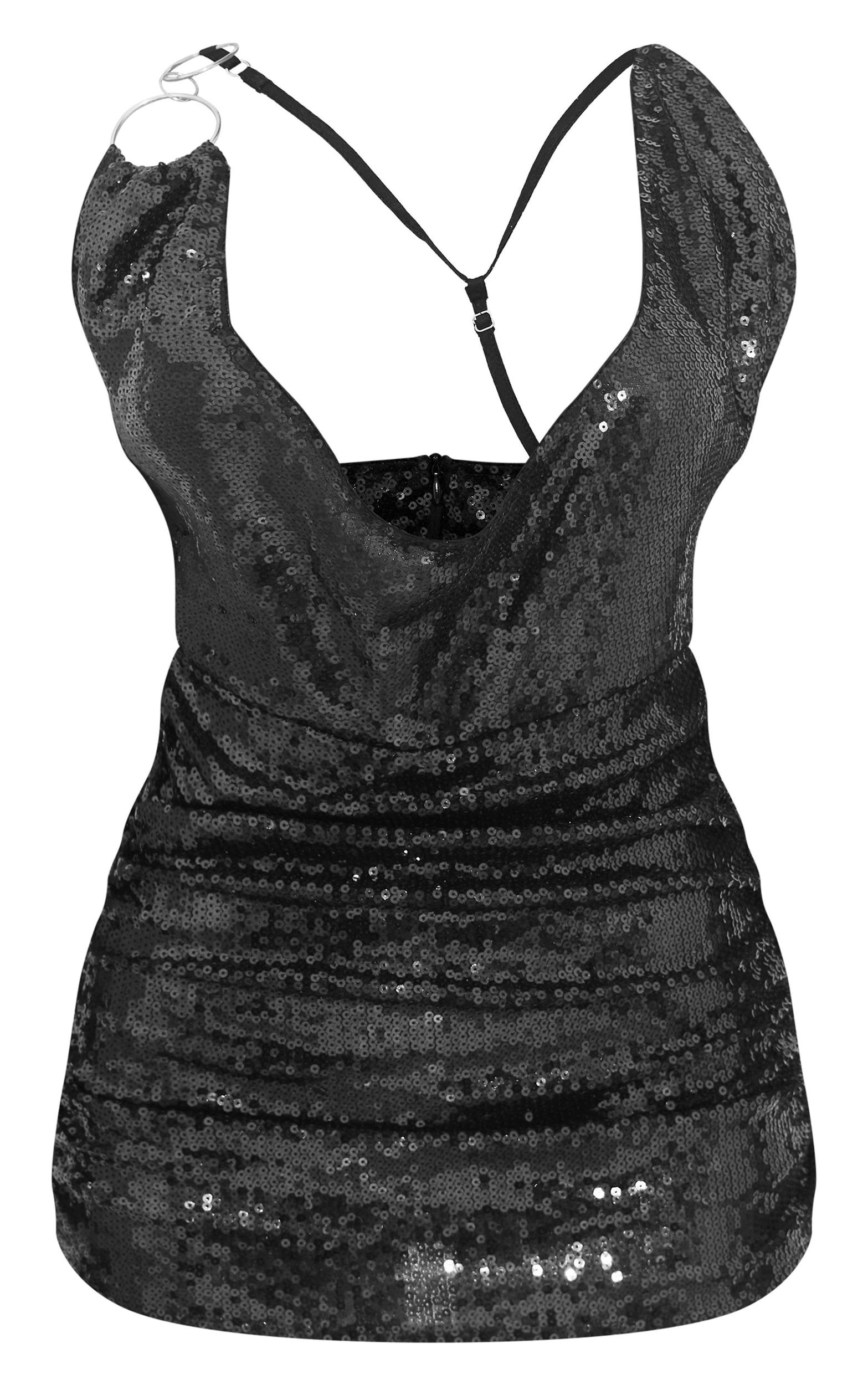 Black Sequin Cowl Neck Ring Detail Skort Romper Product Image