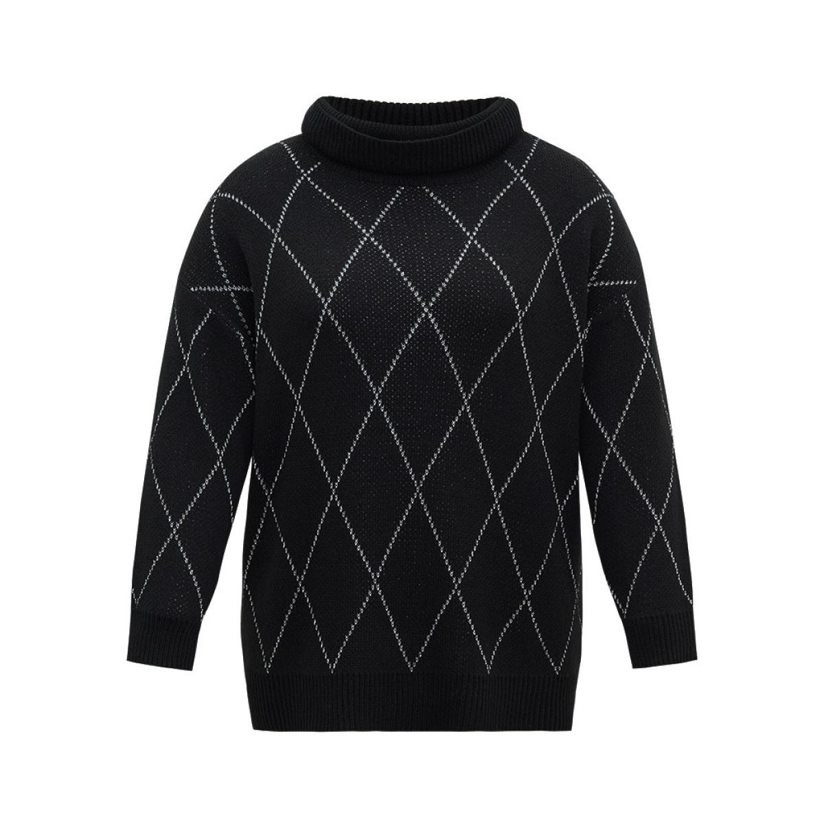 Plus Size Plaid Luxe Contrast Turtleneck Pullover Black Women Casual Loose Long Sleeve Turtleneck Dailywear Pullovers BloomChic 22-24/3X Product Image