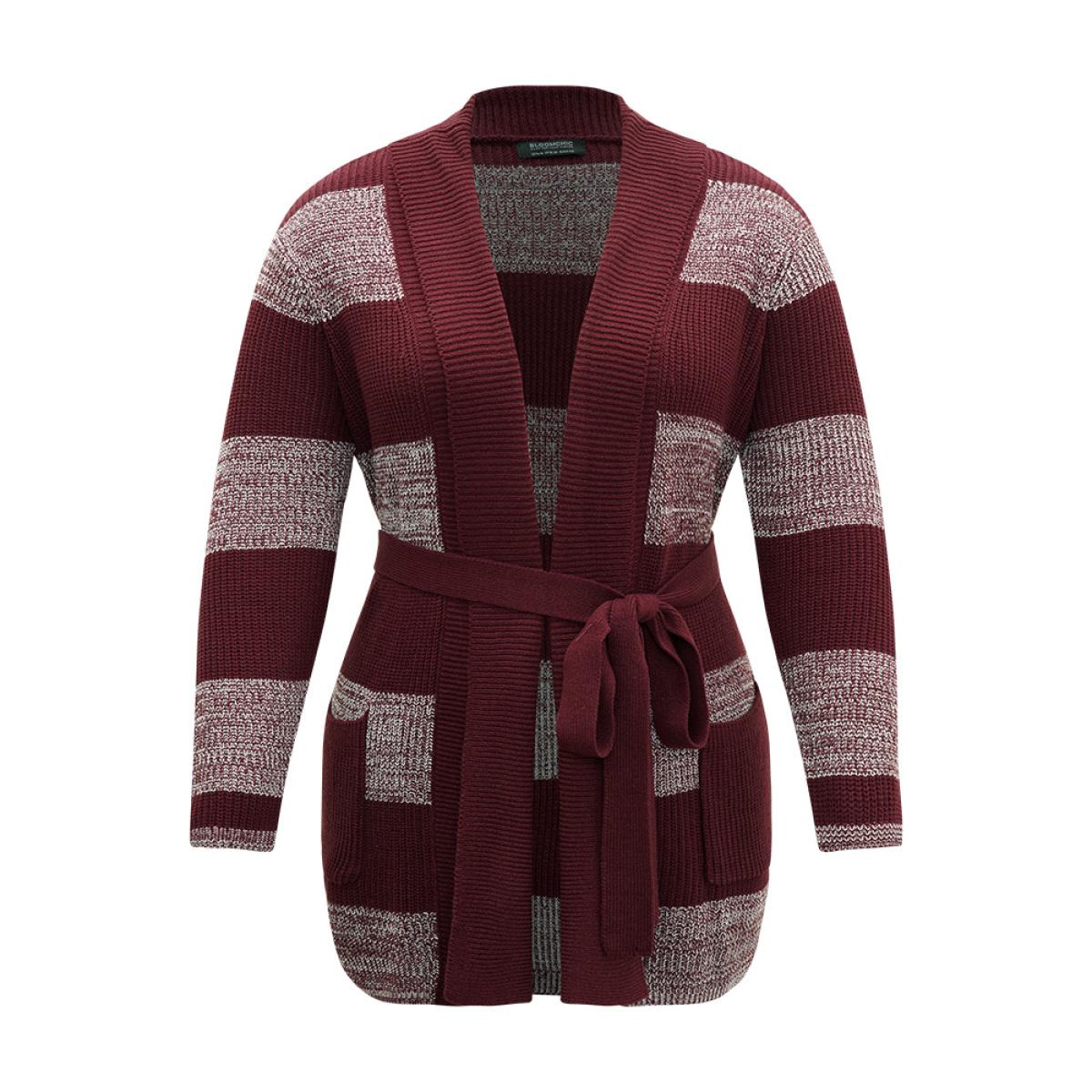 Plus Size Colorblock Heather Belted Pocket Cardigan Burgundy Women Casual Loose Long Sleeve Dailywear Cardigans BloomChic 14-16/1X Product Image