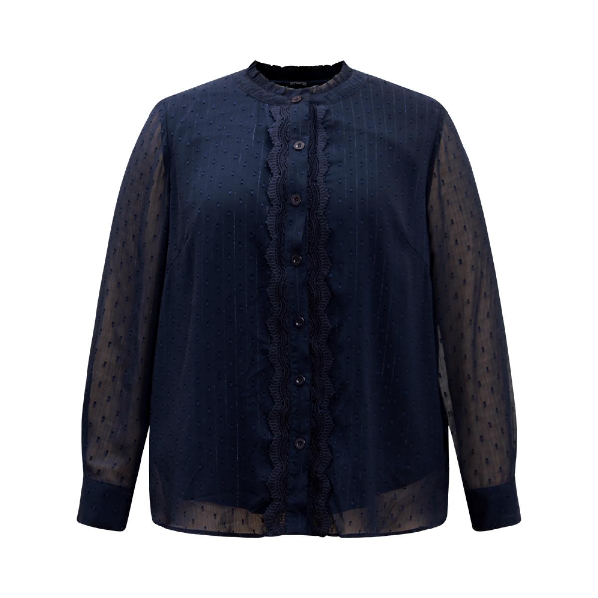 Plus Size Indigo Guipure Lace Mesh Button Through Blouse Women Elegant Long Sleeve Stand-up collar Dailywear Blouses BloomChic 14-16/1X Product Image