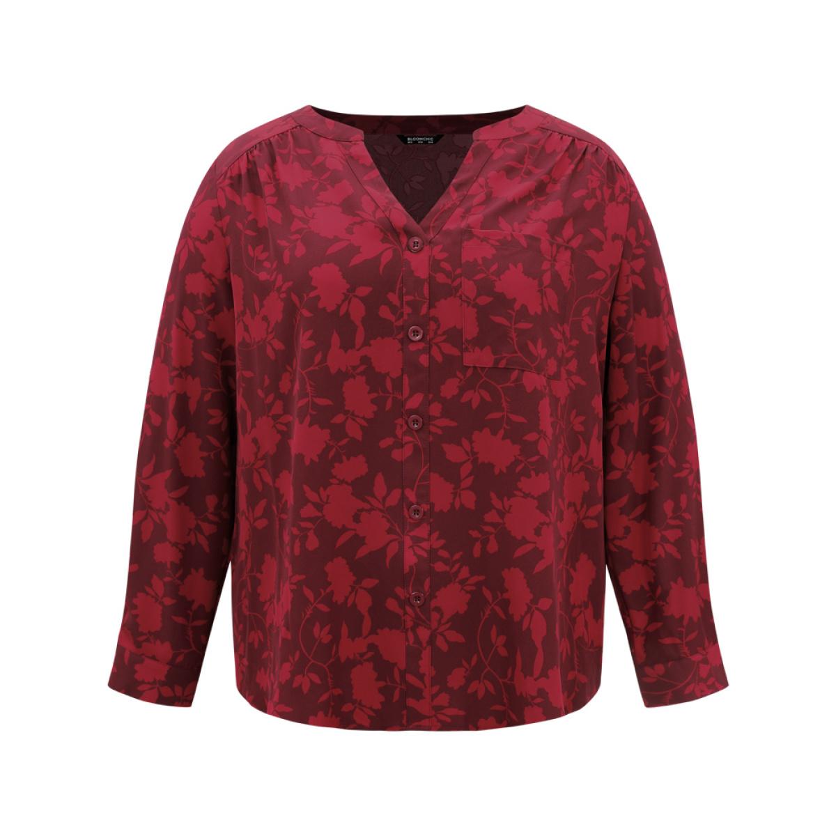 Plus Size Scarlet Silhouette Floral Print Gathered Tab Sleeve Blouse Women Elegant Long Sleeve Notched collar Party Blouses BloomChic 30/6X Product Image
