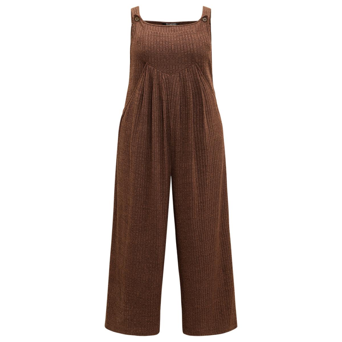 Plus Size DarkBrown Solid Pocket Pleated Adjustable Straps Jumpsuit Women Casual Sleeveless Spaghetti Strap Dailywear Loose Jumpsuits BloomChic 12/L Product Image
