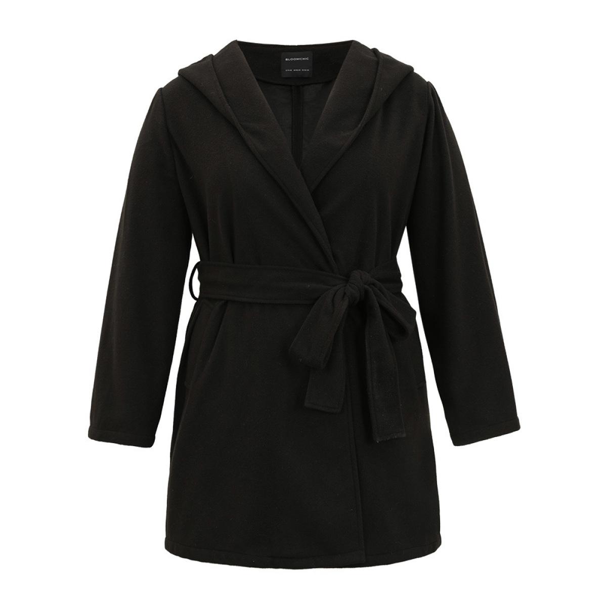 Plus Size Plain Belted Hooded Tunic Pocket Coat Women Black Casual Plain Ladies Dailywear Winter Coats BloomChic 18-20/2X Product Image