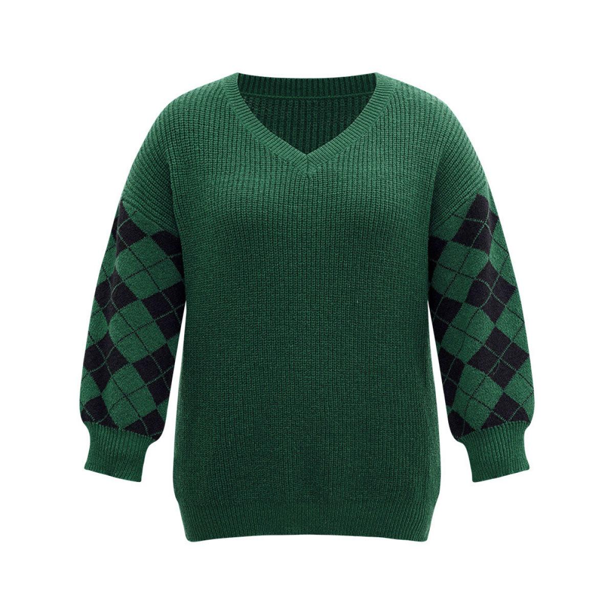 Plus Size Anti-Pilling Plaid Contrast V Neck Elastic Cuffs Pullover DarkGreen Women Casual Loose Long Sleeve V-neck Festival-Christmas Pullovers BloomChic 28/5X Product Image