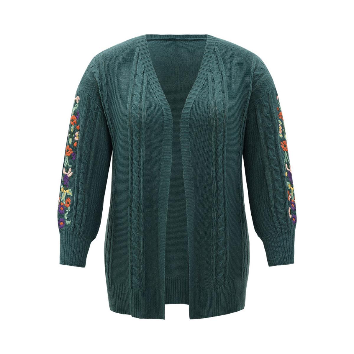 Plus Size Floral Embroidered Cable Knit Lantern Sleeve Cardigan DarkGreen Women Casual Loose Long Sleeve Dailywear Cardigans BloomChic 26/4X Product Image
