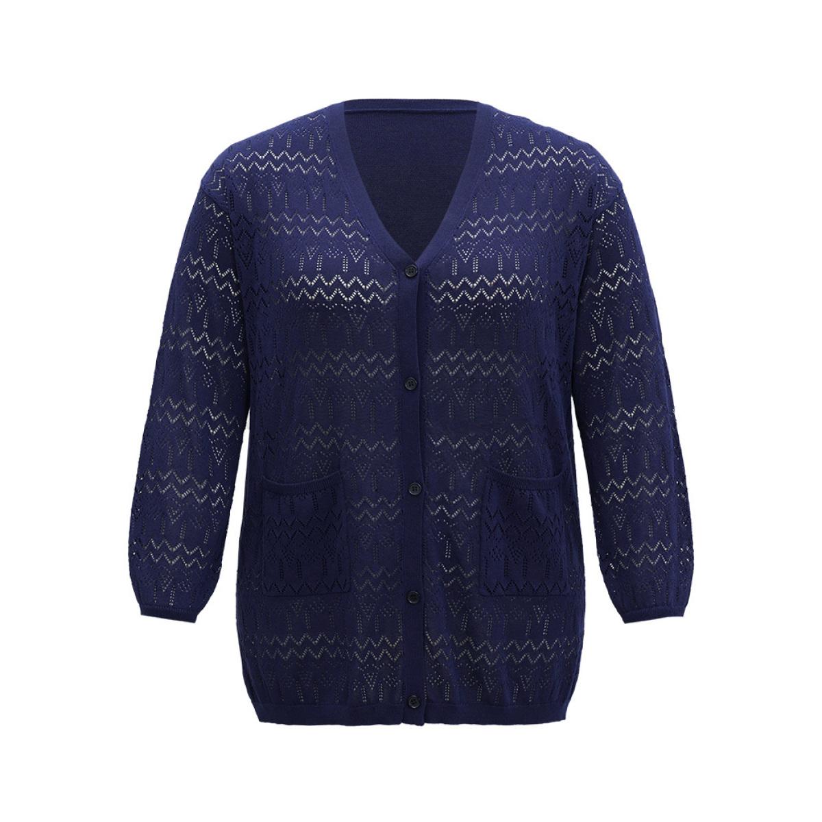 Plus Size Plain Pocket Hollow Out Button Through Cardigan Indigo Women Casual Long Sleeve Dailywear Cardigans BloomChic 30/6X Product Image