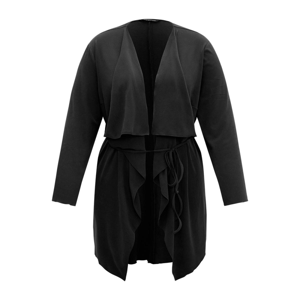 Plus Size Solid Rib Knit Ties Lapel Collar Kimono Women Black Casual Plain Belt Dailywear Kimonos BloomChic 10/M Product Image