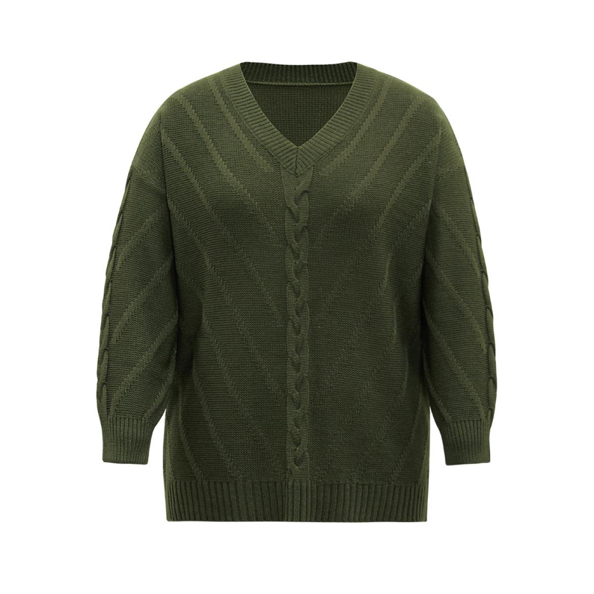 Plus Size Cable Knit Plisse Moderately Stretchy Pullover ArmyGreen Women Casual Loose Long Sleeve V-neck Dailywear Pullovers BloomChic 12/L Product Image